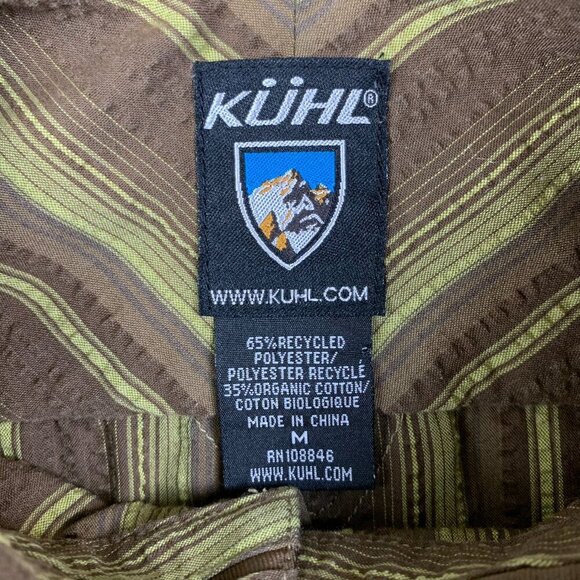 Kuhl Men Shirt Medium Brown Yellow Vertical Striped Button Up Seersucker Outdoor - Picture 4 of 9